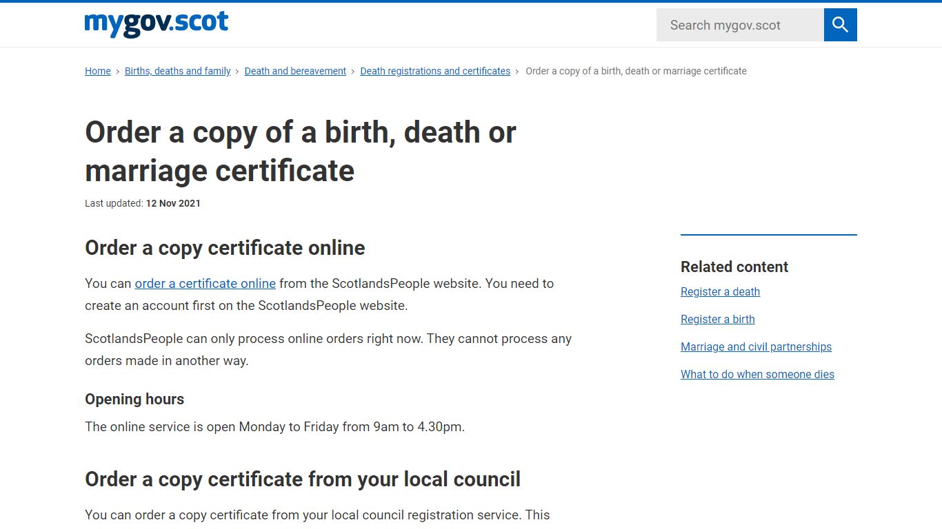 Order a copy of a birth, death or marriage certificate